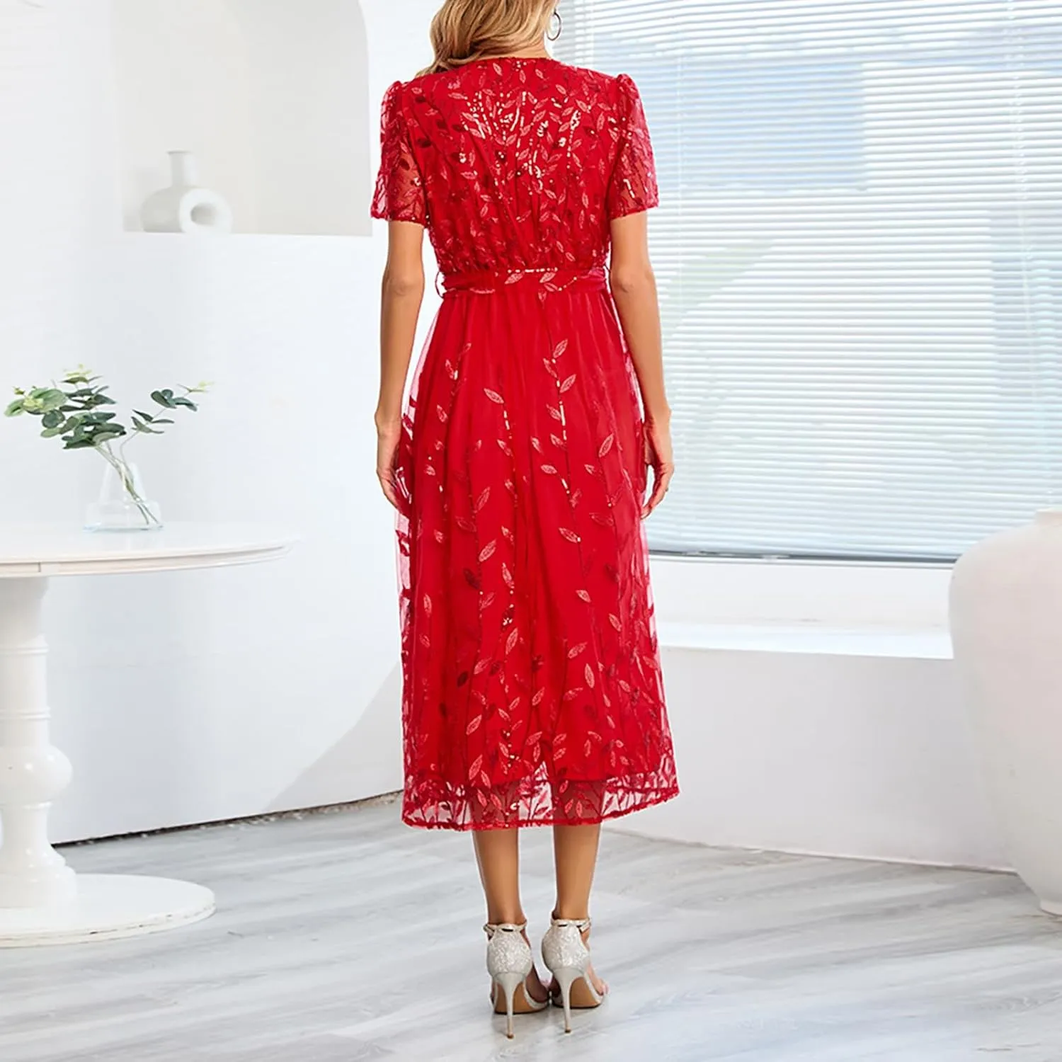 Woman Midi Dress V Neck Short Sleeve Tie Waist Tiered Lace Embroidered Wedding Guest Dresses Cocktail Evening Clothes