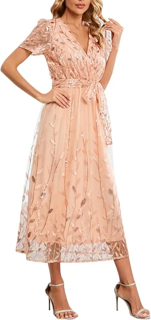 Woman Midi Dress V Neck Short Sleeve Tie Waist Tiered Lace Embroidered Wedding Guest Dresses Cocktail Evening Clothes