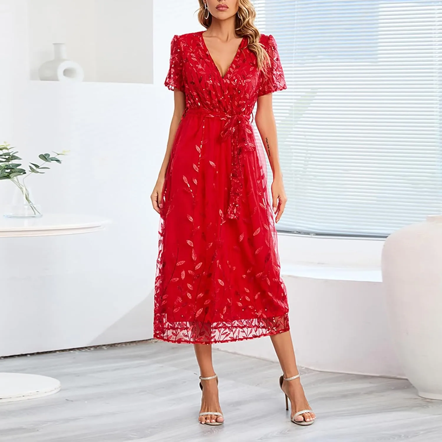 Woman Midi Dress V Neck Short Sleeve Tie Waist Tiered Lace Embroidered Wedding Guest Dresses Cocktail Evening Clothes