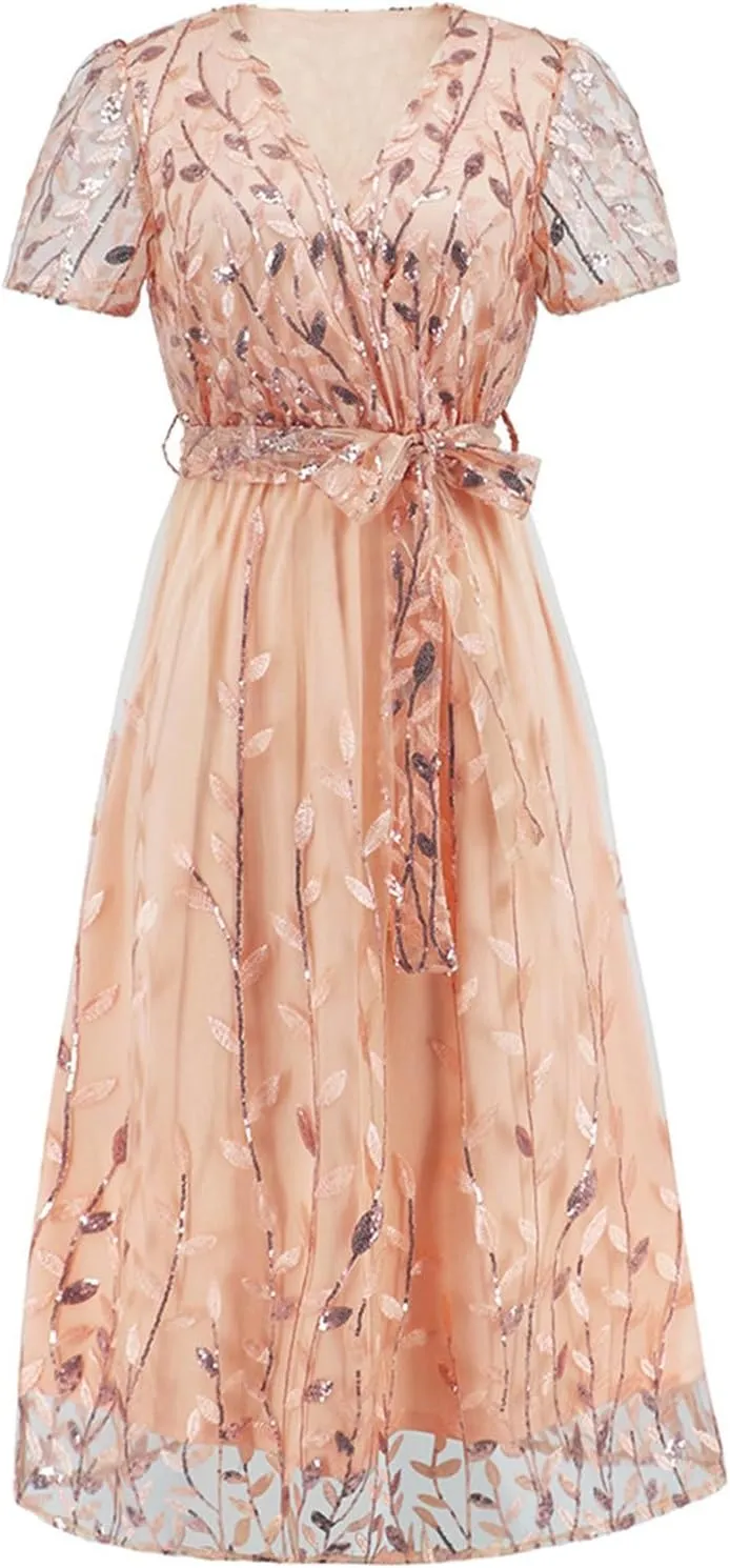 Woman Midi Dress V Neck Short Sleeve Tie Waist Tiered Lace Embroidered Wedding Guest Dresses Cocktail Evening Clothes
