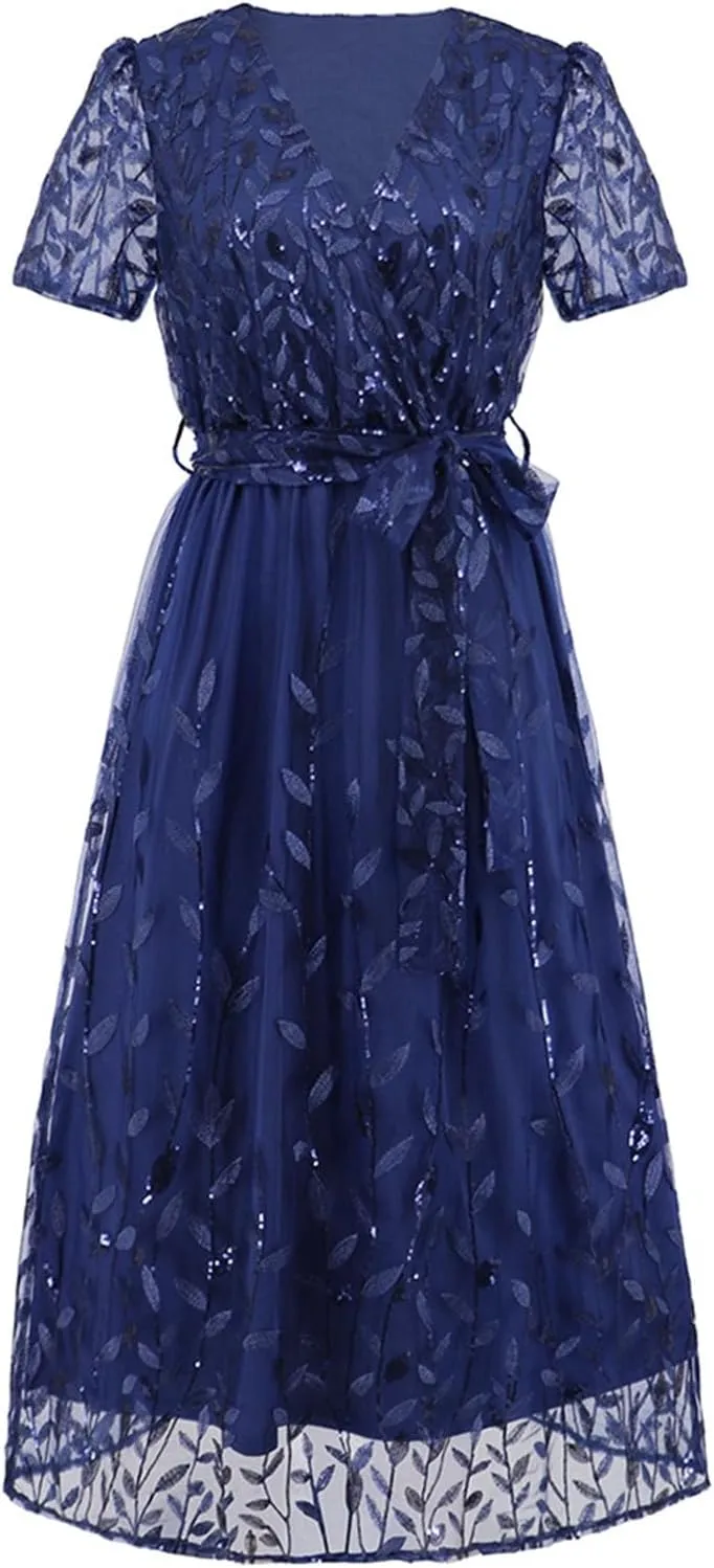 Woman Midi Dress V Neck Short Sleeve Tie Waist Tiered Lace Embroidered Wedding Guest Dresses Cocktail Evening Clothes