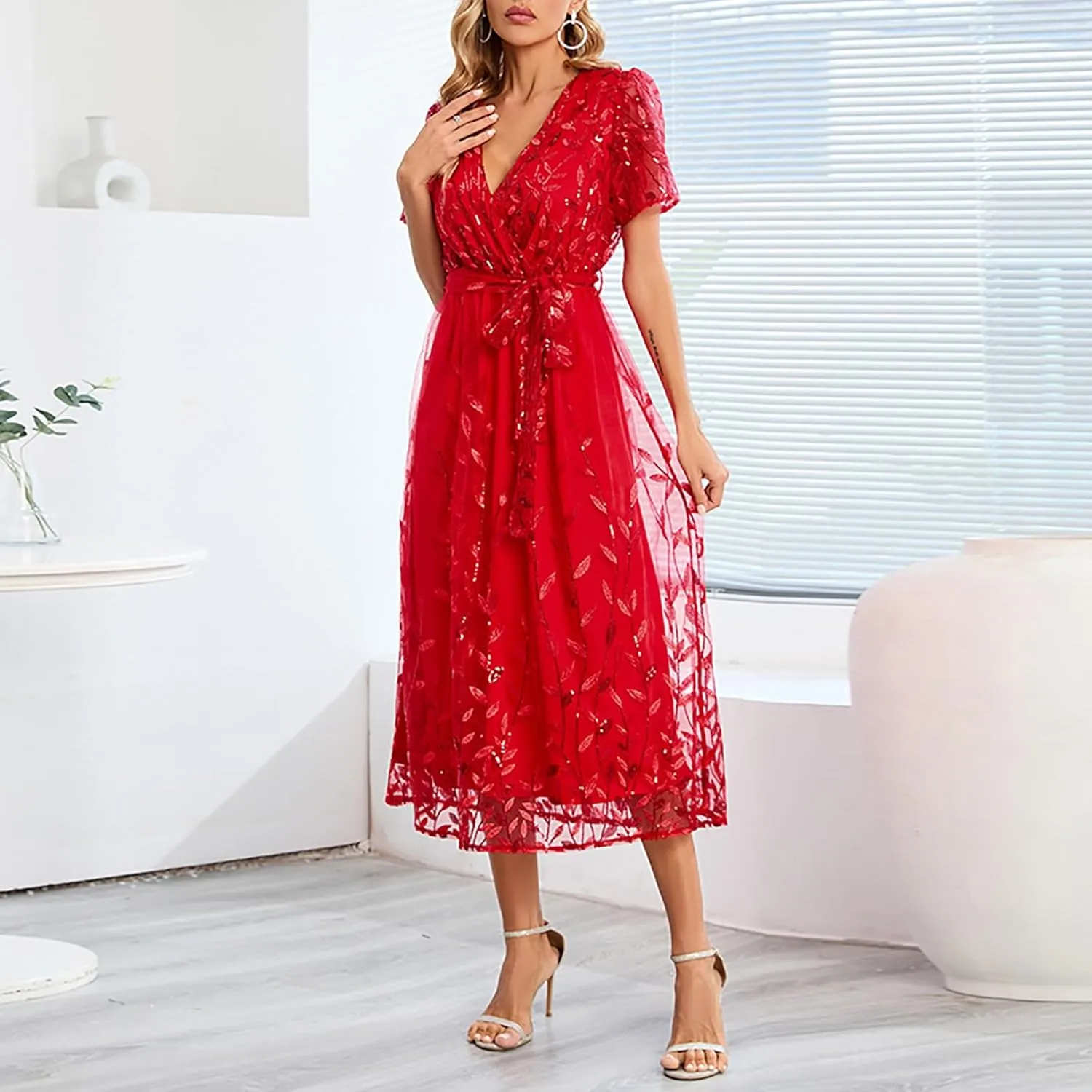 Woman Midi Dress V Neck Short Sleeve Tie Waist Tiered Lace Embroidered Wedding Guest Dresses Cocktail Evening Clothes