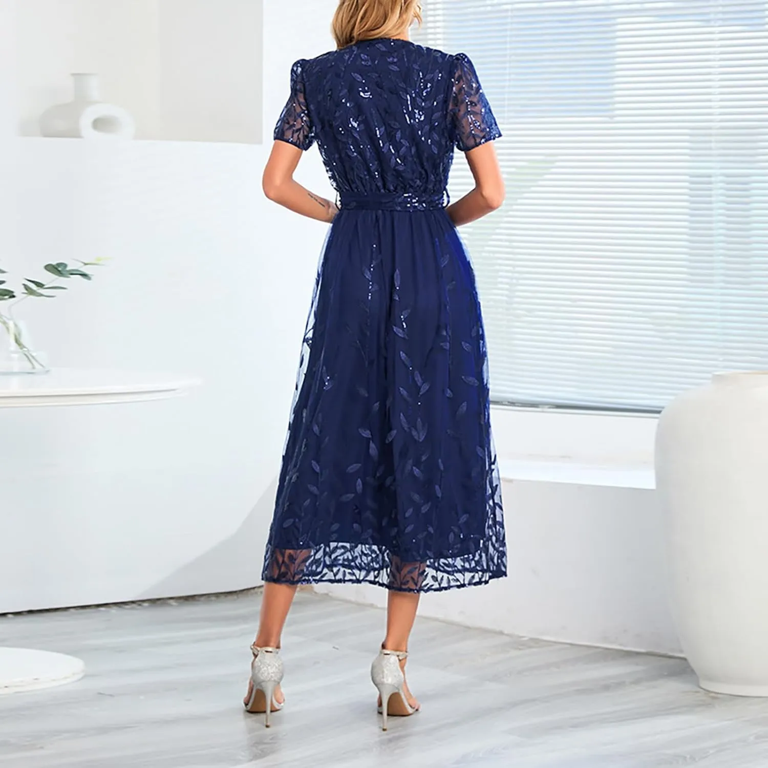Woman Midi Dress V Neck Short Sleeve Tie Waist Tiered Lace Embroidered Wedding Guest Dresses Cocktail Evening Clothes