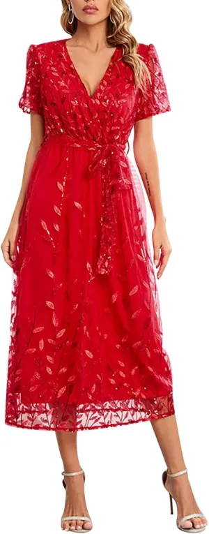 Woman Midi Dress V Neck Short Sleeve Tie Waist Tiered Lace Embroidered Wedding Guest Dresses Cocktail Evening Clothes