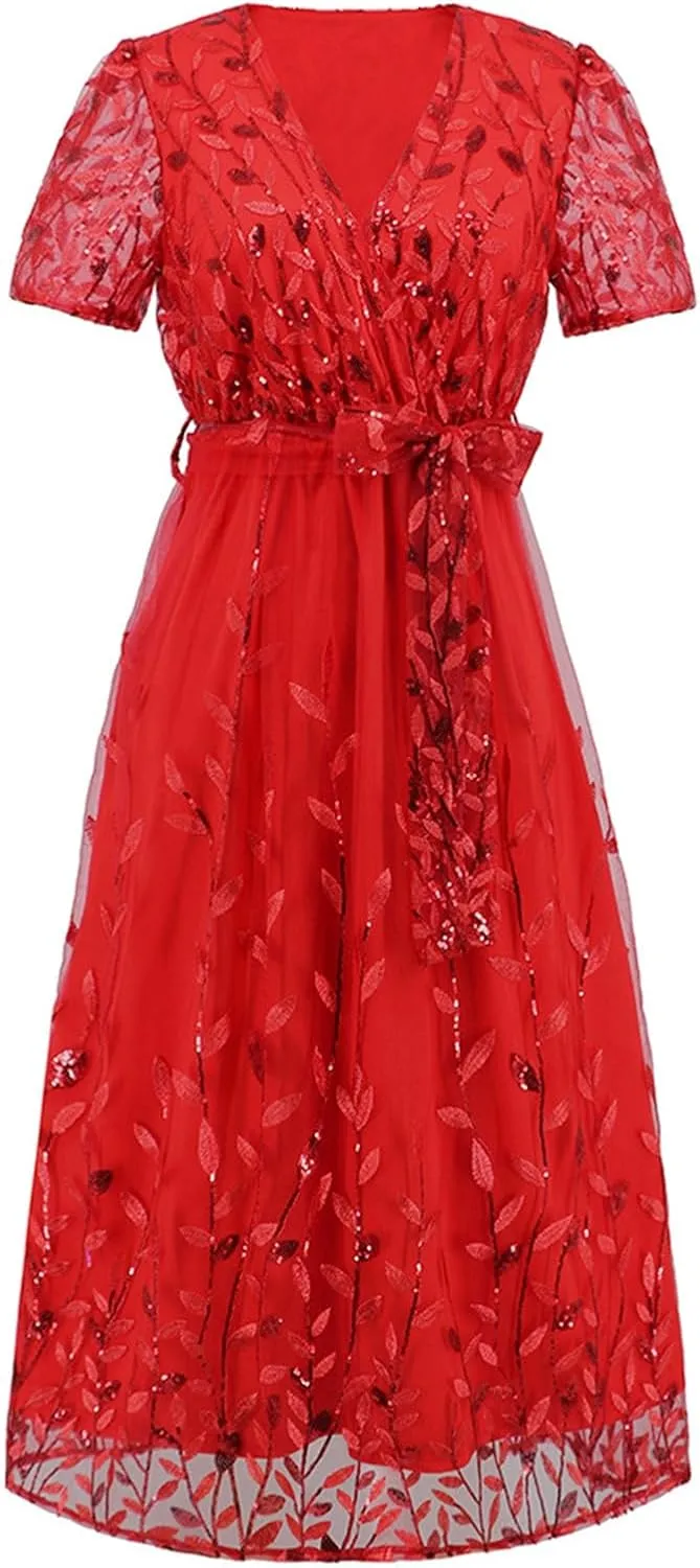 Woman Midi Dress V Neck Short Sleeve Tie Waist Tiered Lace Embroidered Wedding Guest Dresses Cocktail Evening Clothes