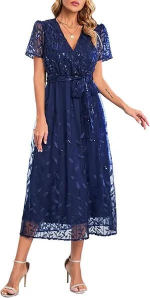 Woman Midi Dress V Neck Short Sleeve Tie Waist Tiered Lace Embroidered Wedding Guest Dresses Cocktail Evening Clothes
