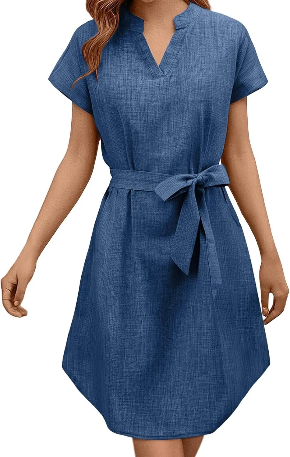 Women Casual Midi Dress Summer Plus Size Solid Color V Neck Short Sleeve Tie Waist Dresses Beach Vacation Clothes Sundress