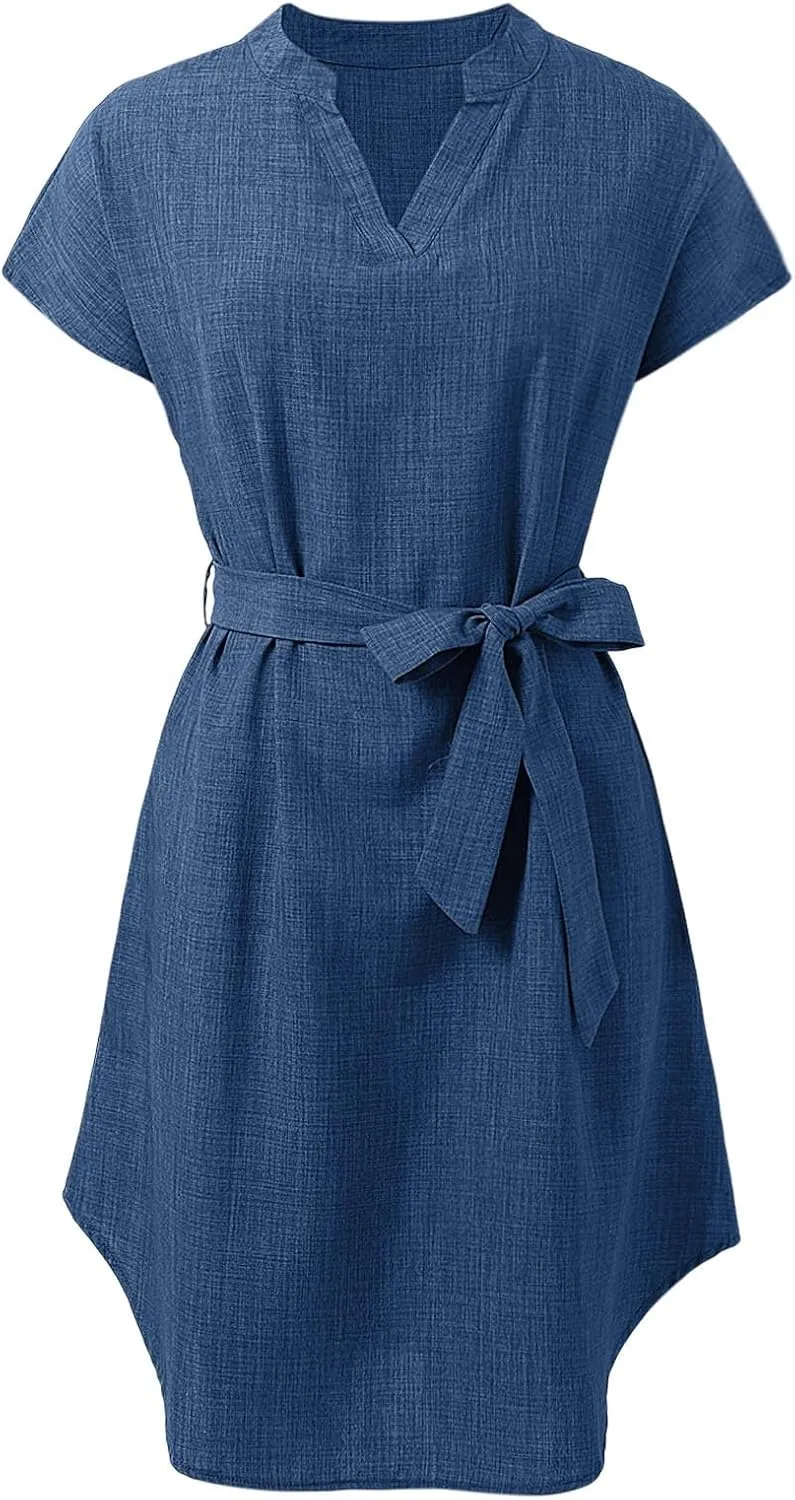 Women Casual Midi Dress Summer Plus Size Solid Color V Neck Short Sleeve Tie Waist Dresses Beach Vacation Clothes Sundress