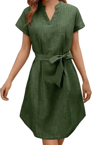 Women Casual Midi Dress Summer Plus Size Solid Color V Neck Short Sleeve Tie Waist Dresses Beach Vacation Clothes Sundress