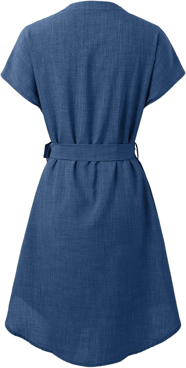 Women Casual Midi Dress Summer Plus Size Solid Color V Neck Short Sleeve Tie Waist Dresses Beach Vacation Clothes Sundress