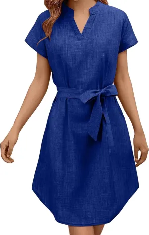 Women Casual Midi Dress Summer Plus Size Solid Color V Neck Short Sleeve Tie Waist Dresses Beach Vacation Clothes Sundress