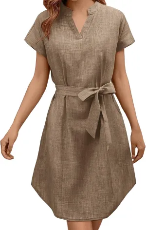 Women Casual Midi Dress Summer Plus Size Solid Color V Neck Short Sleeve Tie Waist Dresses Beach Vacation Clothes Sundress