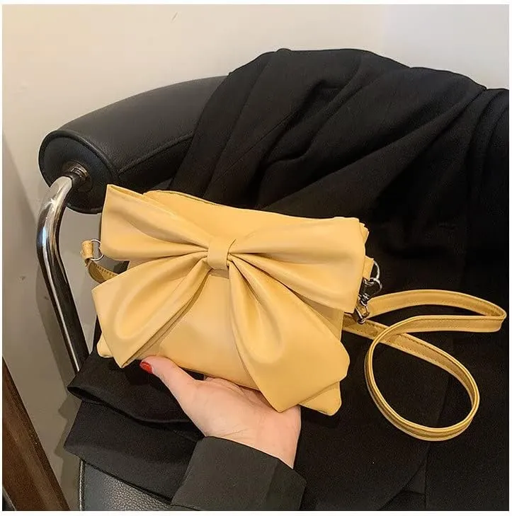Women Handbags Shoulder Bags, Satchel Tote Bag, Solid Leather Handbags All-Match Fashion Bags for Women Detachable Bag Bow Tie Women's Bag (Color : Yellow)