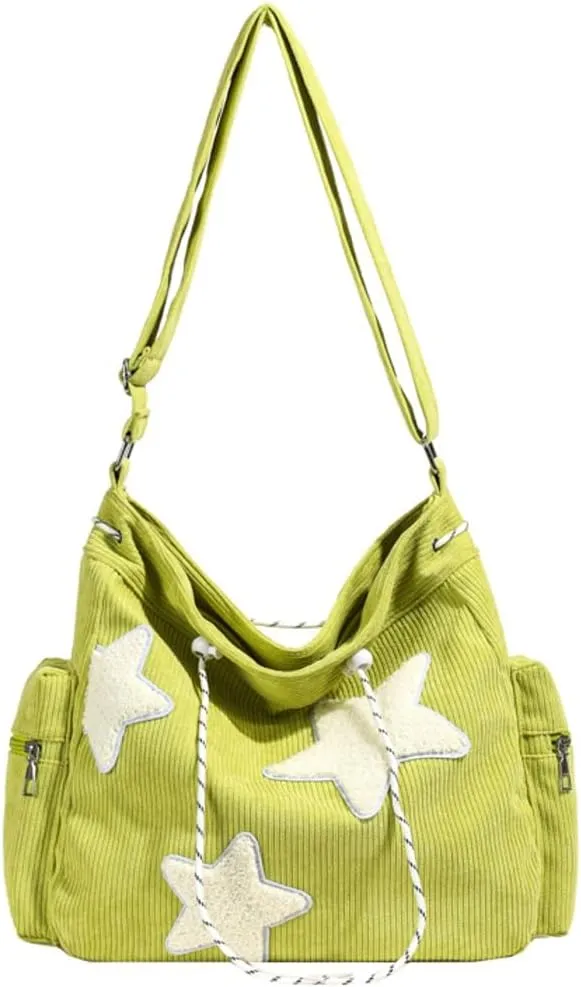 Womens Casual Star Corduroy Shoulder Bags Multiple Pockets Hobo Crossbody Bag Travel Bags Cute Purse Handbag
