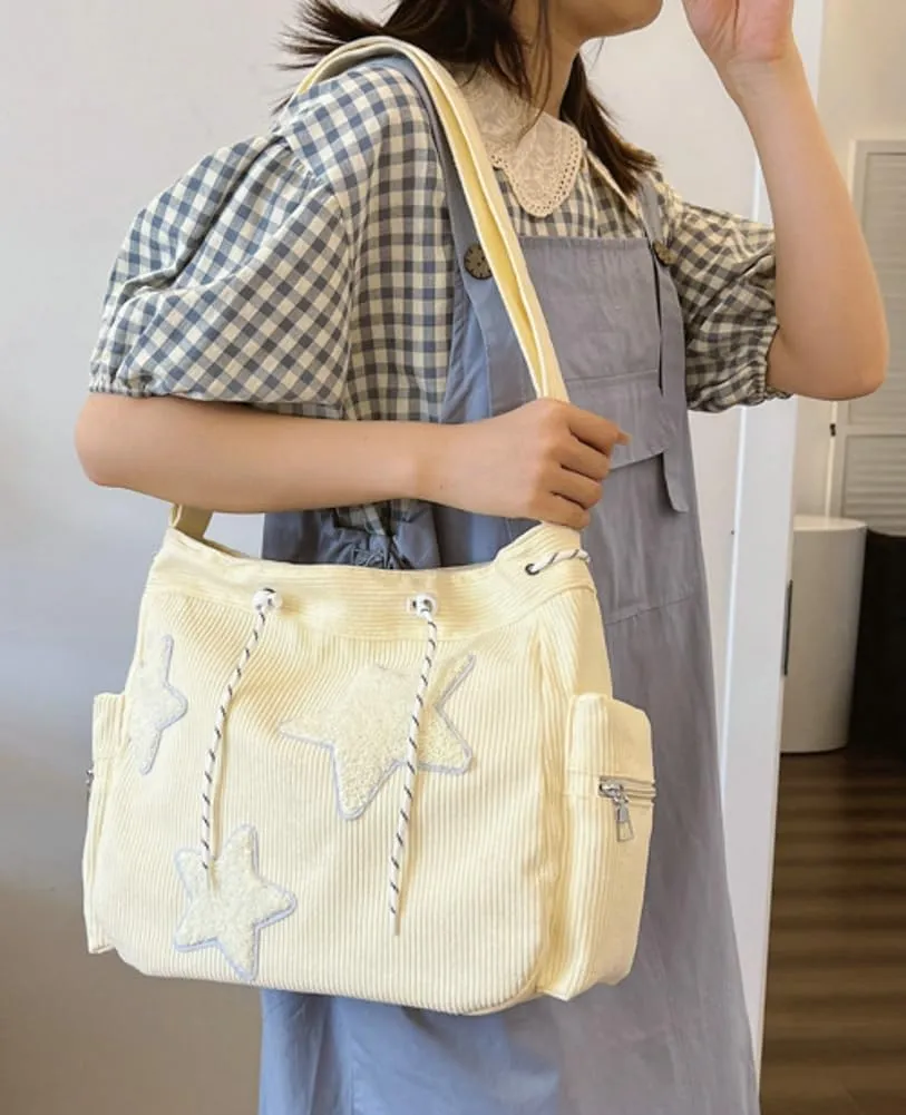 Womens Casual Star Corduroy Shoulder Bags Multiple Pockets Hobo Crossbody Bag Travel Bags Cute Purse Handbag