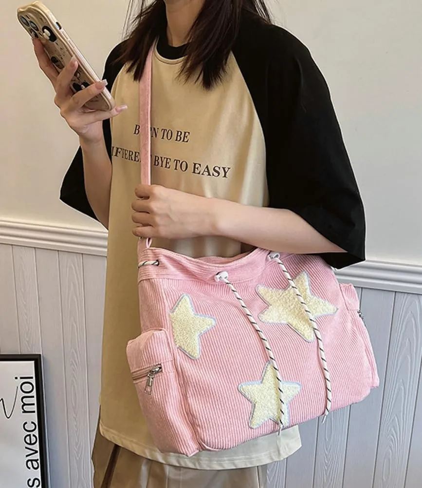 Womens Casual Star Corduroy Shoulder Bags Multiple Pockets Hobo Crossbody Bag Travel Bags Cute Purse Handbag