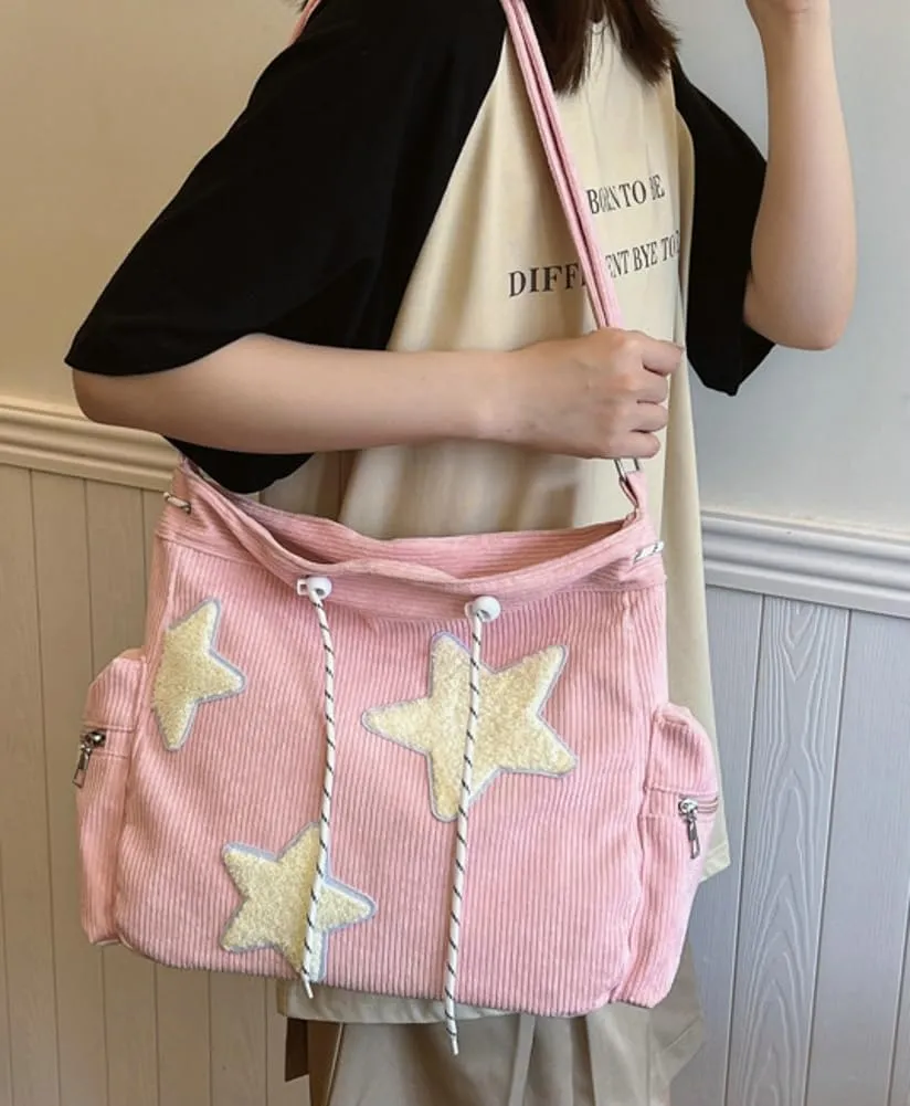 Womens Casual Star Corduroy Shoulder Bags Multiple Pockets Hobo Crossbody Bag Travel Bags Cute Purse Handbag