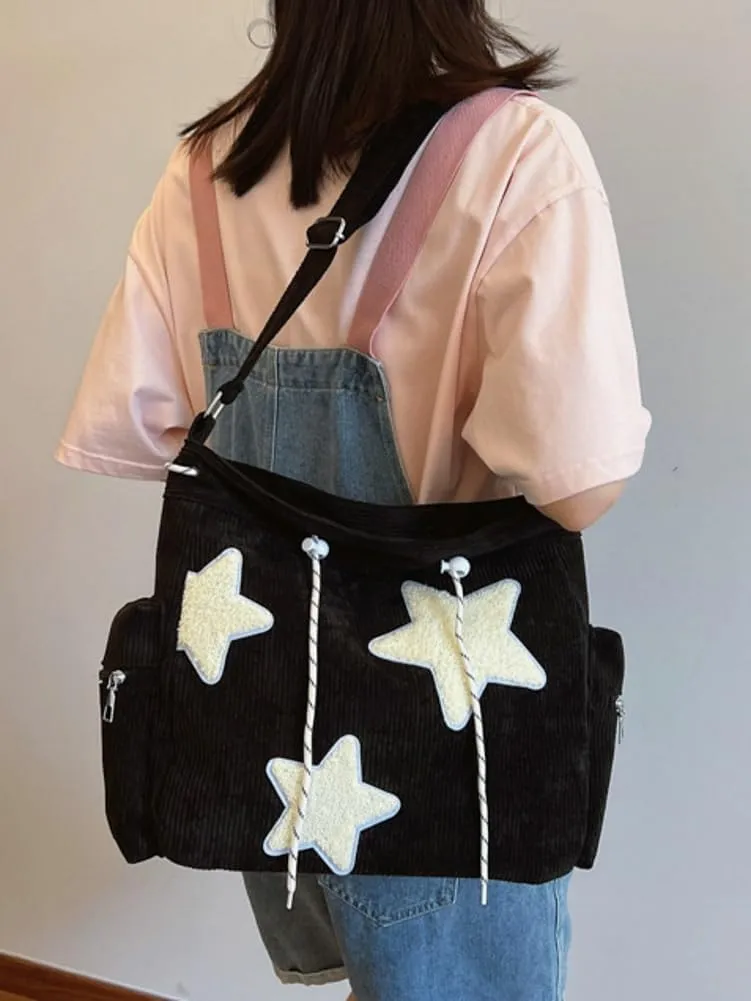 Womens Casual Star Corduroy Shoulder Bags Multiple Pockets Hobo Crossbody Bag Travel Bags Cute Purse Handbag