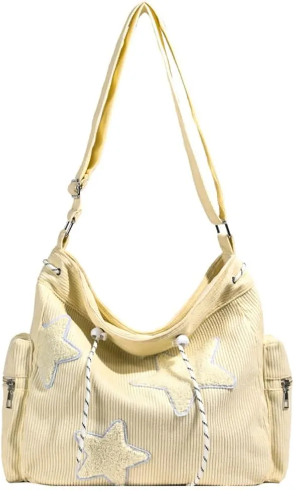 Womens Casual Star Corduroy Shoulder Bags Multiple Pockets Hobo Crossbody Bag Travel Bags Cute Purse Handbag