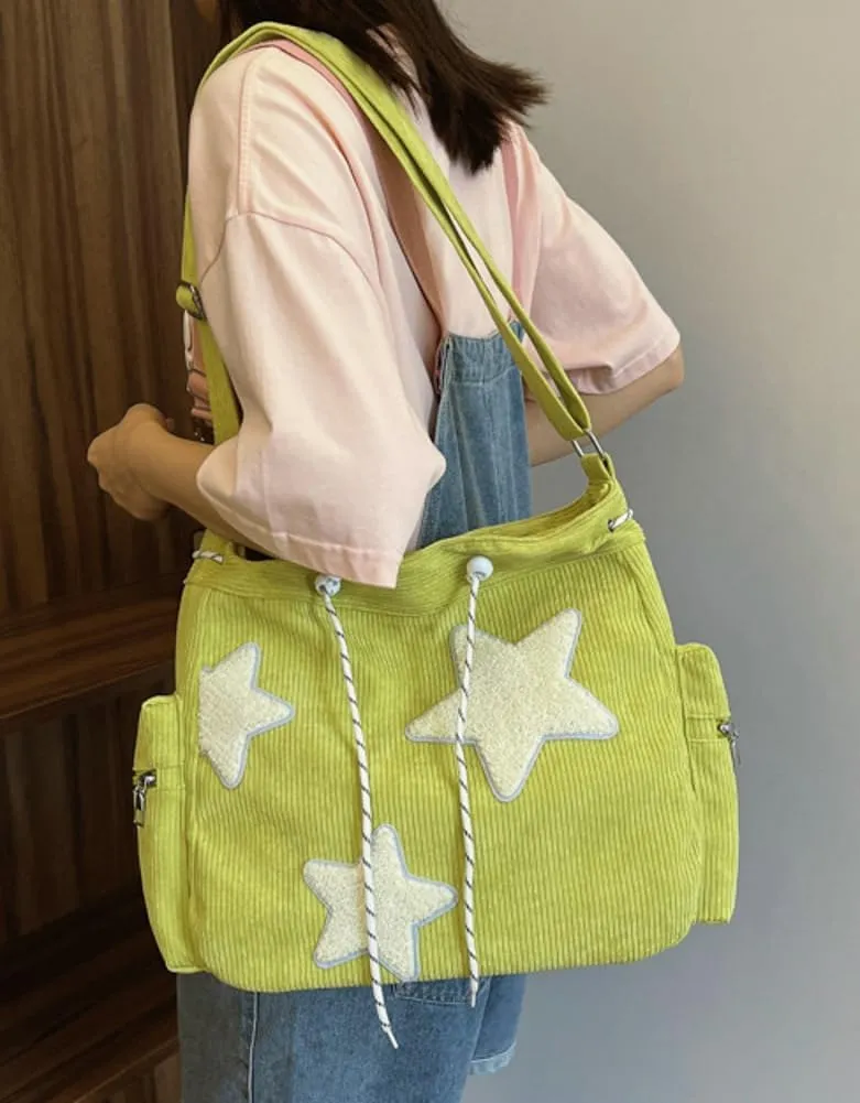 Womens Casual Star Corduroy Shoulder Bags Multiple Pockets Hobo Crossbody Bag Travel Bags Cute Purse Handbag