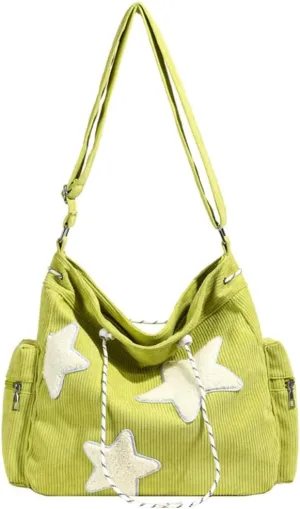 Womens Casual Star Corduroy Shoulder Bags Multiple Pockets Hobo Crossbody Bag Travel Bags Cute Purse Handbag