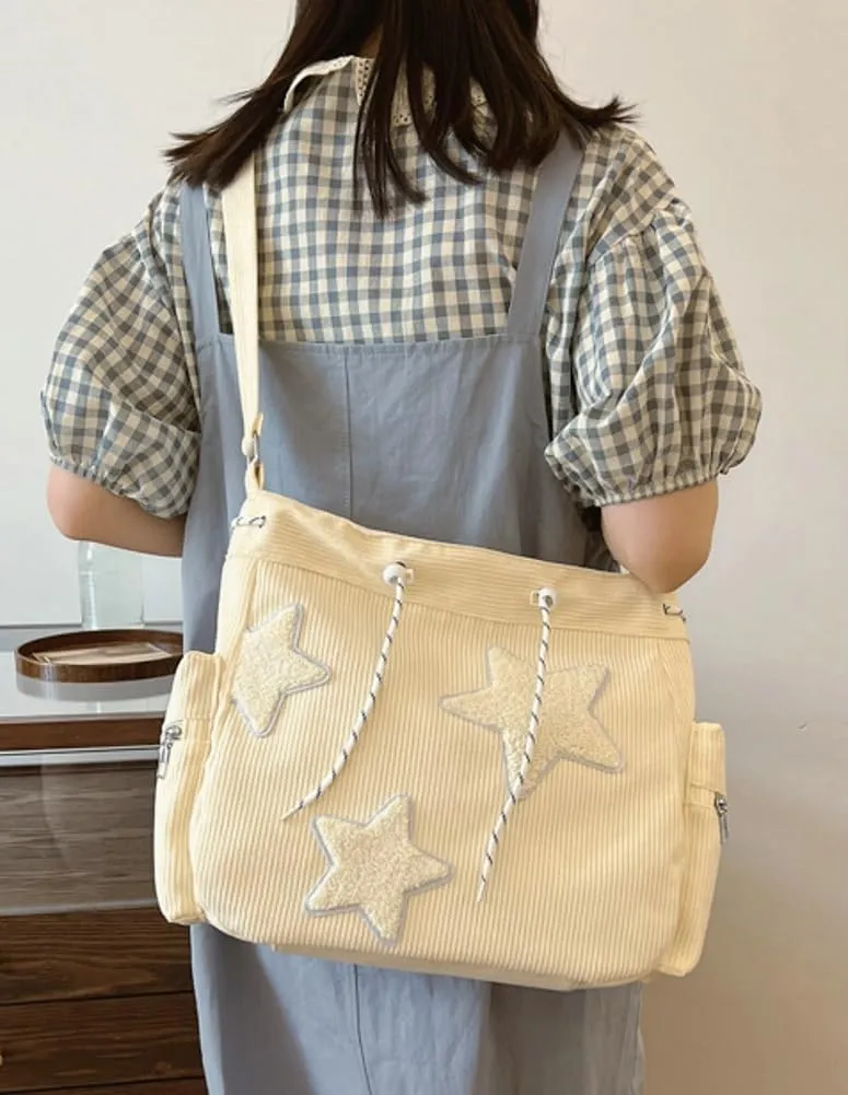 Womens Casual Star Corduroy Shoulder Bags Multiple Pockets Hobo Crossbody Bag Travel Bags Cute Purse Handbag