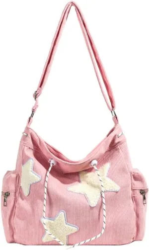 Womens Casual Star Corduroy Shoulder Bags Multiple Pockets Hobo Crossbody Bag Travel Bags Cute Purse Handbag