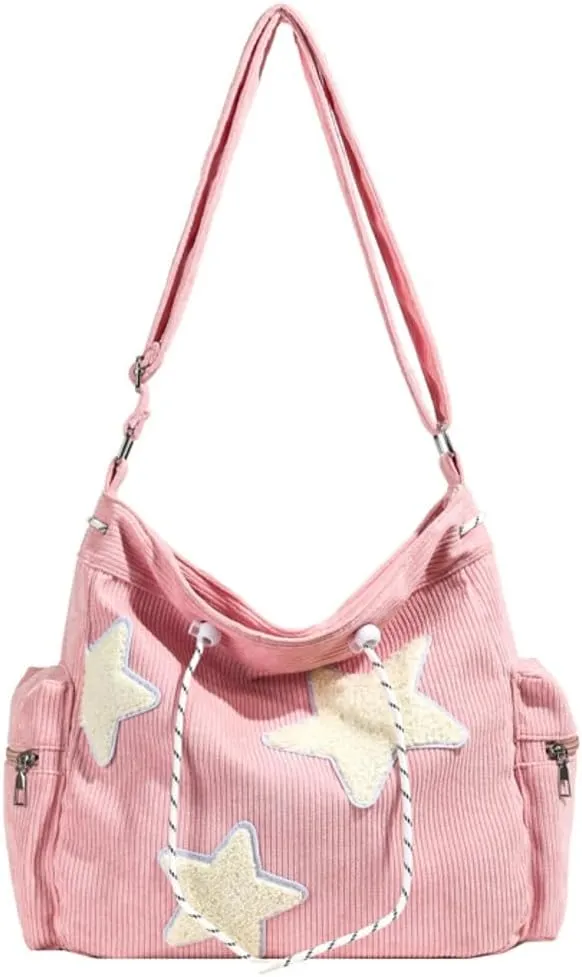 Womens Casual Star Corduroy Shoulder Bags Multiple Pockets Hobo Crossbody Bag Travel Bags Cute Purse Handbag