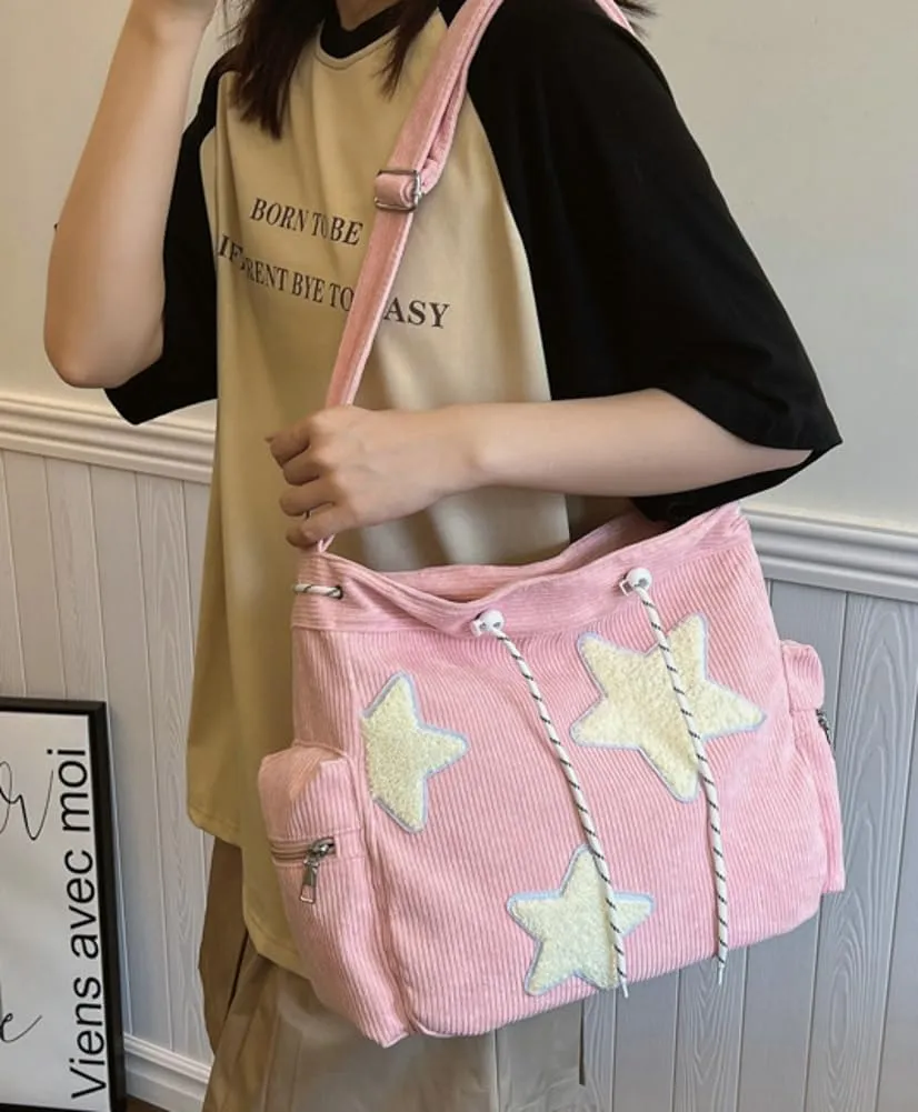 Womens Casual Star Corduroy Shoulder Bags Multiple Pockets Hobo Crossbody Bag Travel Bags Cute Purse Handbag