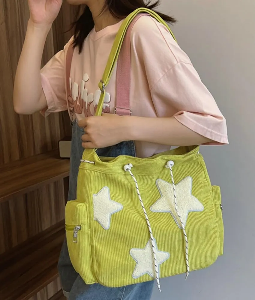 Womens Casual Star Corduroy Shoulder Bags Multiple Pockets Hobo Crossbody Bag Travel Bags Cute Purse Handbag