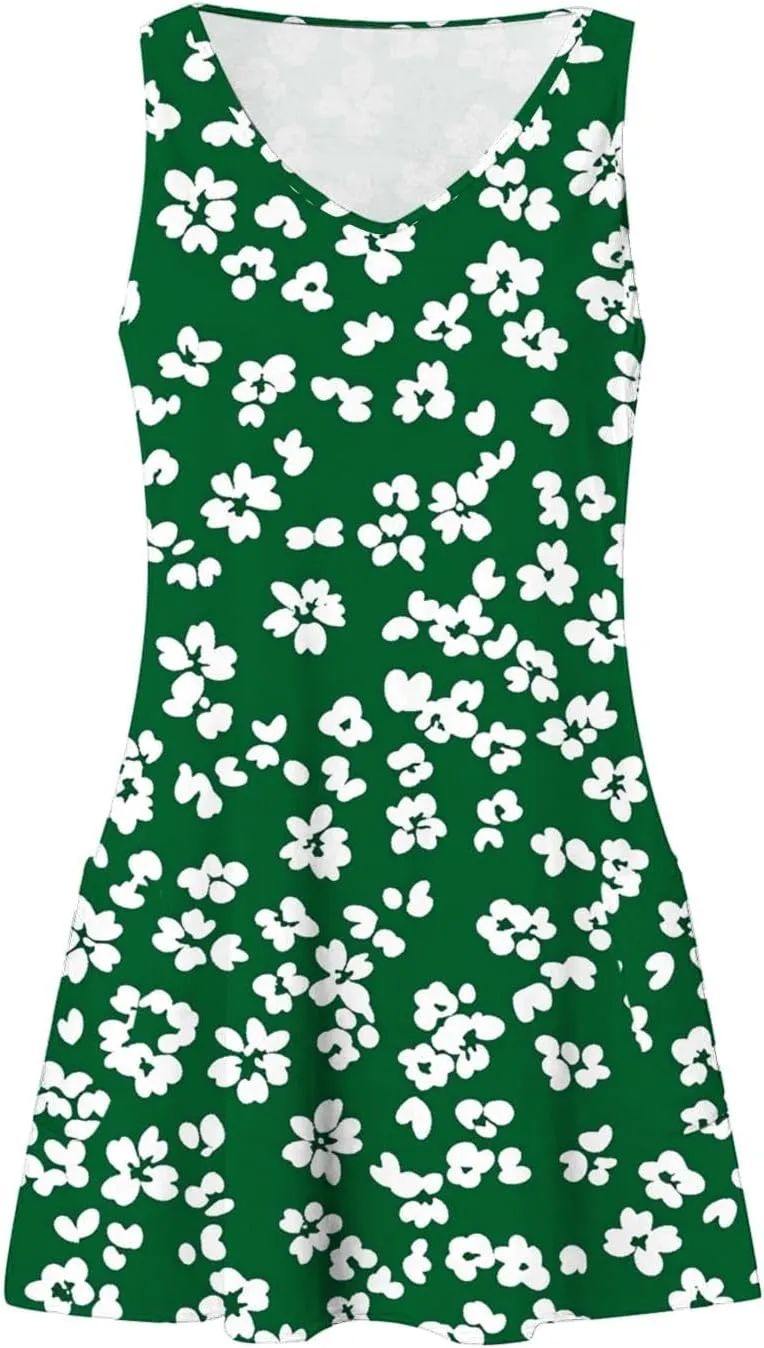 Womens Fashion Summer Sundress Floral Printed Sleeveless Pleated Casual Mini Dress V-Neck Beach Dress with Pocket