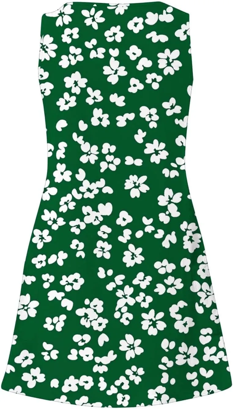 Womens Fashion Summer Sundress Floral Printed Sleeveless Pleated Casual Mini Dress V-Neck Beach Dress with Pocket