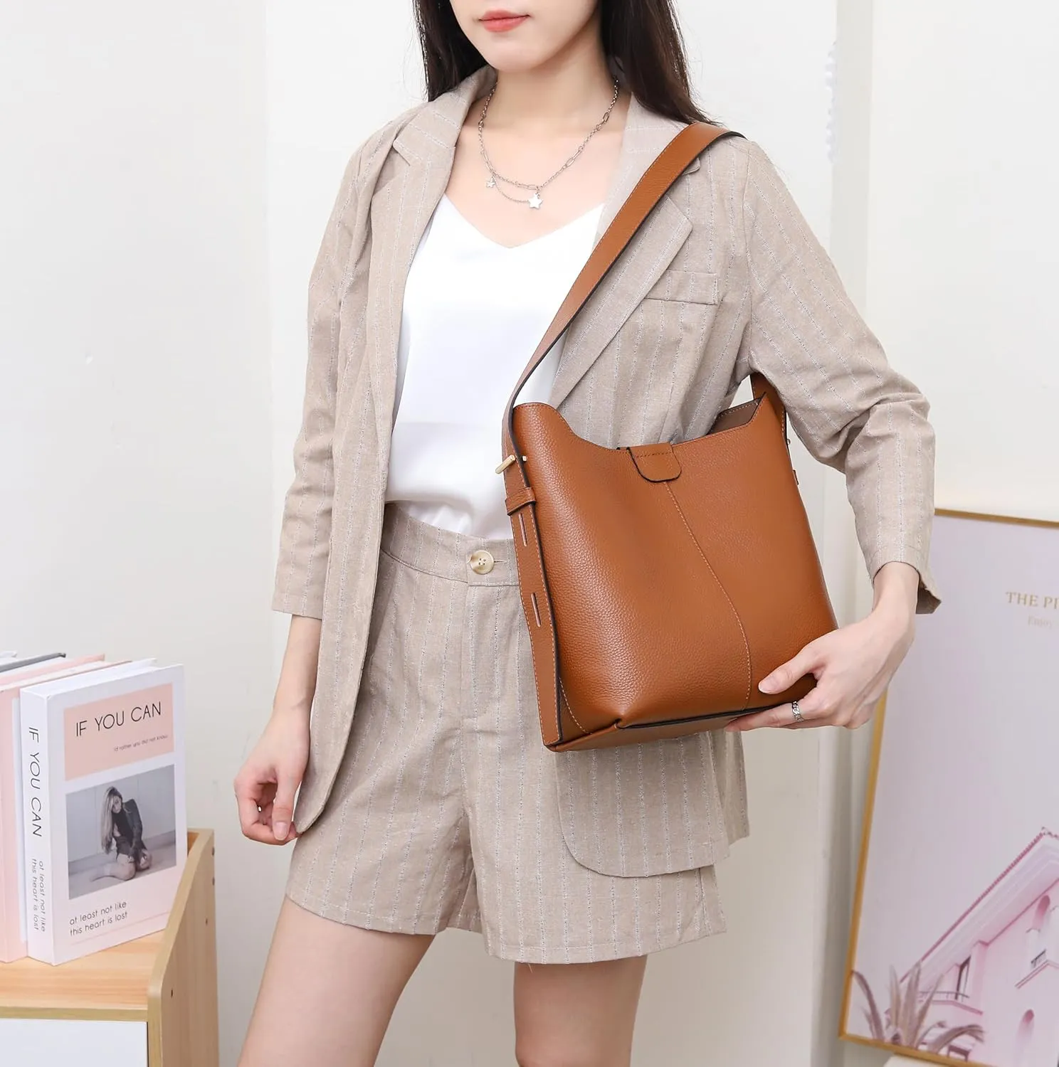 Womens Genuine Pebbled Leather Bucket Bag, Soft Hobo Tote Handbag with Adjustable Shoulder Strap, Spacious Everyday Purse