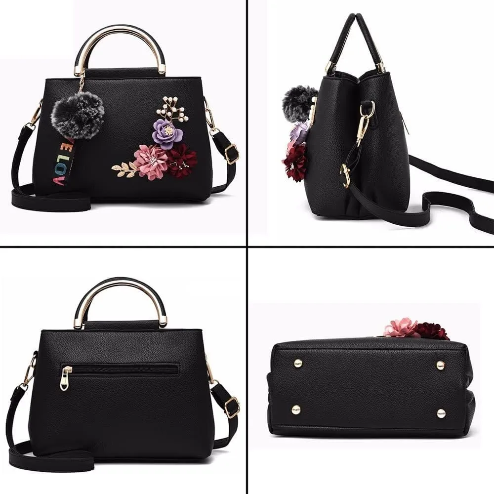 Womens Handbags 3D Floral Satchel Shoulder Bag Faux Leather Medium Tote Bags Top Handle Handbag Crossbody Bag