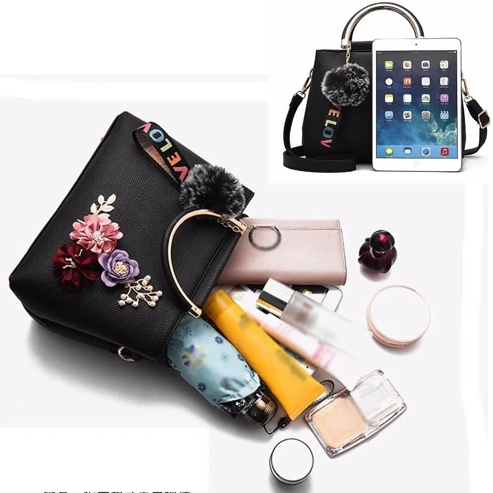 Womens Handbags 3D Floral Satchel Shoulder Bag Faux Leather Medium Tote Bags Top Handle Handbag Crossbody Bag