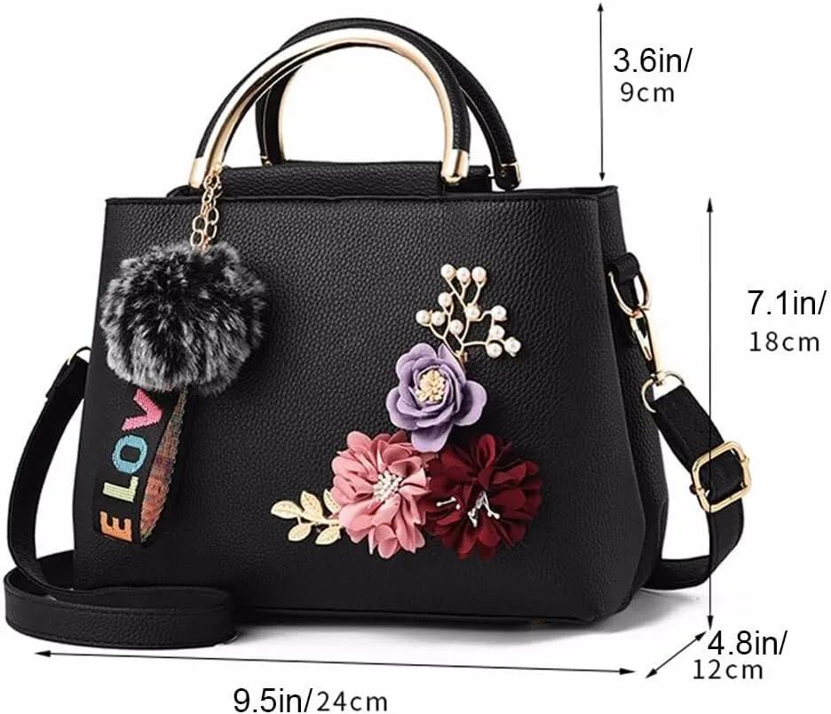 Womens Handbags 3D Floral Satchel Shoulder Bag Faux Leather Medium Tote Bags Top Handle Handbag Crossbody Bag