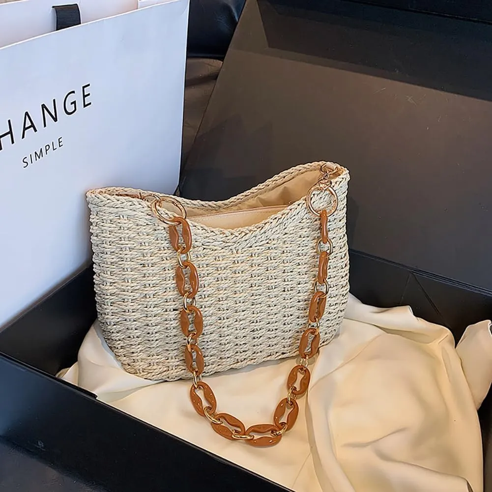 Women's Handmade Woven Shoulder Bags Straw Crossbody Purse Stylish Beach Hobo Handbags with Zipper Closure