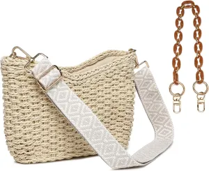 Women's Handmade Woven Shoulder Bags Straw Crossbody Purse Stylish Beach Hobo Handbags with Zipper Closure