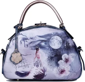 Women's Leather Top Handle Tote Bag Moonlight Blue Design, Floral and Moon Print, Double Zipper Handbag