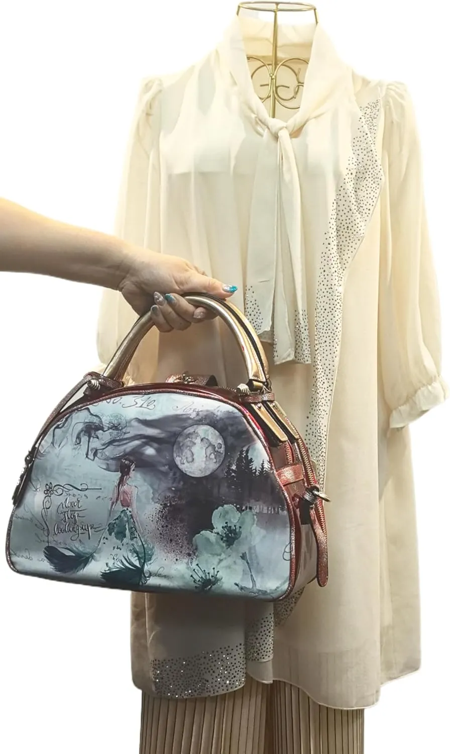 Women's Leather Top Handle Tote Bag Moonlight Blue Design, Floral and Moon Print, Double Zipper Handbag