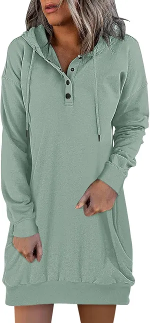 Women's Long Sleeve Dresses 2025 Spring Casual Plus Size Solid Color Button Up Drawstring Hoodie Sweatshirt Midi Dress