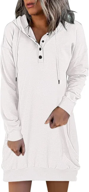 Women's Long Sleeve Dresses 2025 Spring Casual Plus Size Solid Color Button Up Drawstring Hoodie Sweatshirt Midi Dress