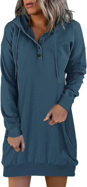 Women's Long Sleeve Dresses 2025 Spring Casual Plus Size Solid Color Button Up Drawstring Hoodie Sweatshirt Midi Dress