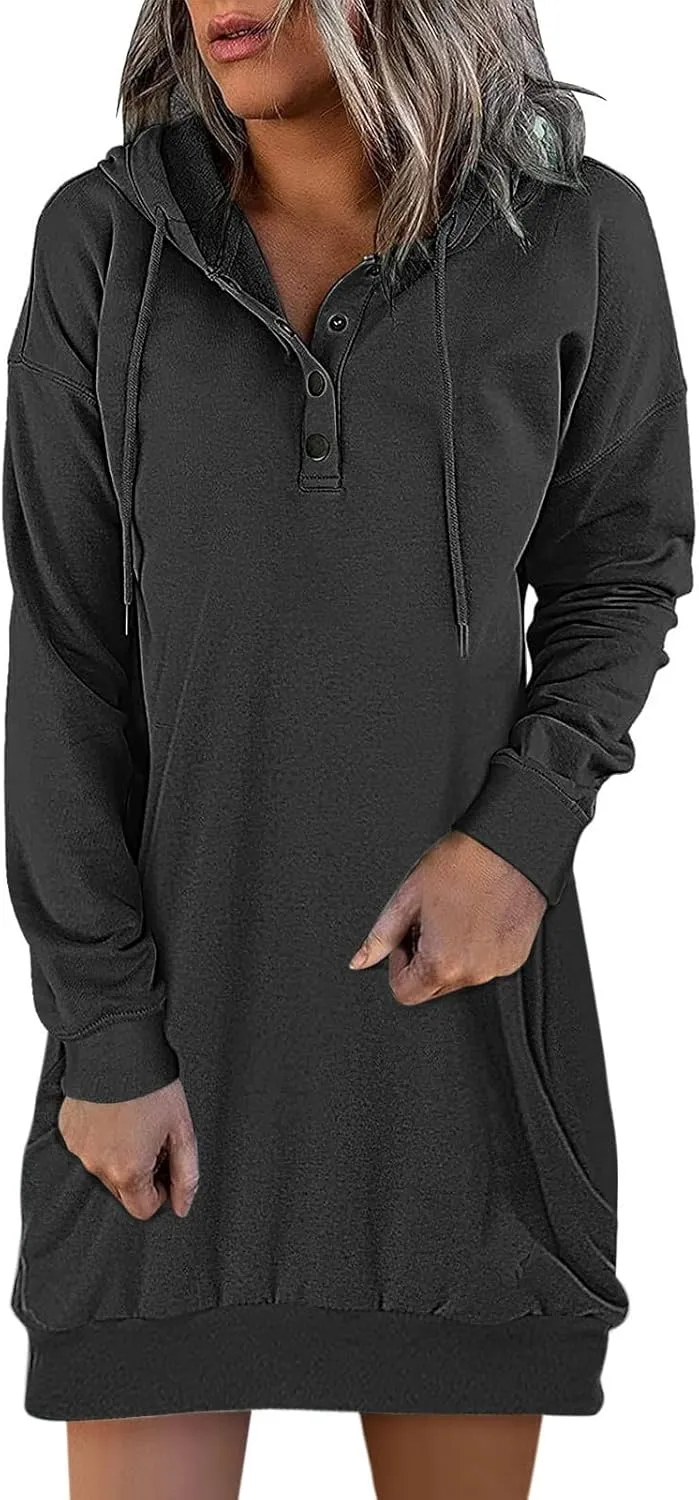 Women's Long Sleeve Dresses 2025 Spring Casual Plus Size Solid Color Button Up Drawstring Hoodie Sweatshirt Midi Dress