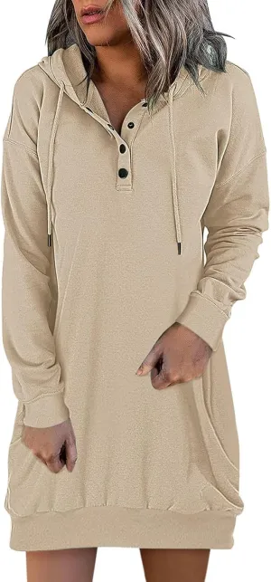 Women's Long Sleeve Dresses 2025 Spring Casual Plus Size Solid Color Button Up Drawstring Hoodie Sweatshirt Midi Dress