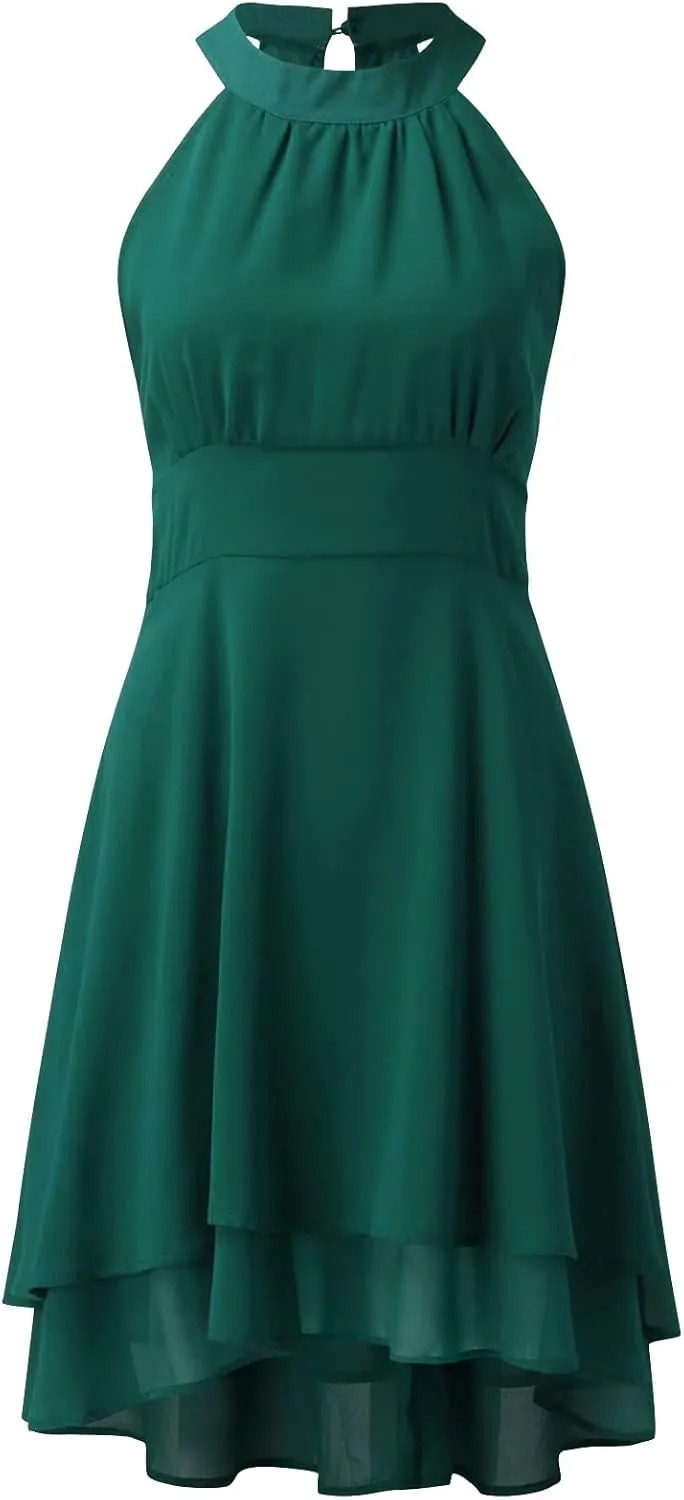 Womens Midi Dress 2025 Summer Trendy Flowy Chiffon Plus Size High Neck Halter Corset Tiered Cocktail Wedding Guest Dresses