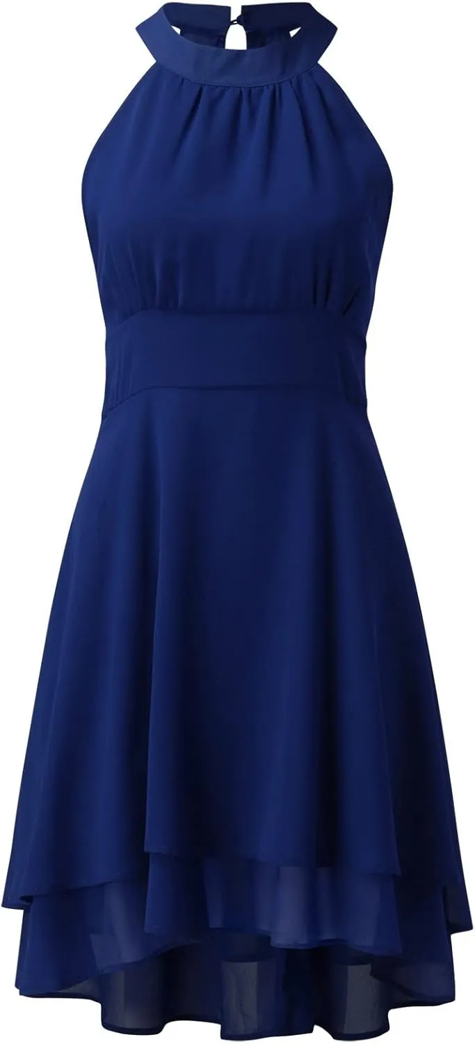 Womens Midi Dress 2025 Summer Trendy Flowy Chiffon Plus Size High Neck Halter Corset Tiered Cocktail Wedding Guest Dresses