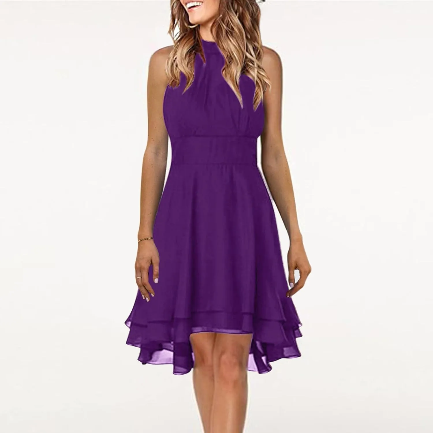 Womens Midi Dress 2025 Summer Trendy Flowy Chiffon Plus Size High Neck Halter Corset Tiered Cocktail Wedding Guest Dresses
