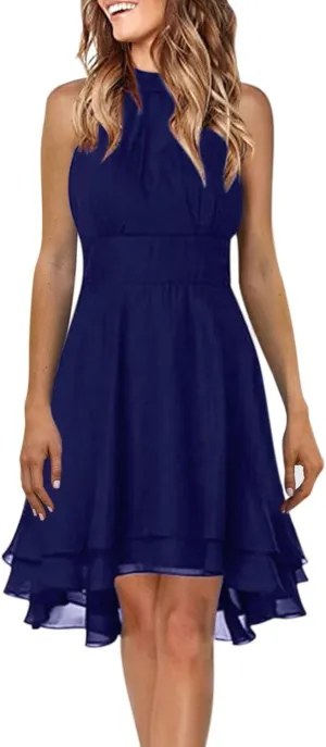 Womens Midi Dress 2025 Summer Trendy Flowy Chiffon Plus Size High Neck Halter Corset Tiered Cocktail Wedding Guest Dresses