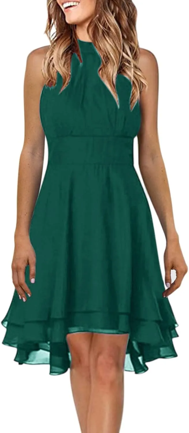 Womens Midi Dress 2025 Summer Trendy Flowy Chiffon Plus Size High Neck Halter Corset Tiered Cocktail Wedding Guest Dresses